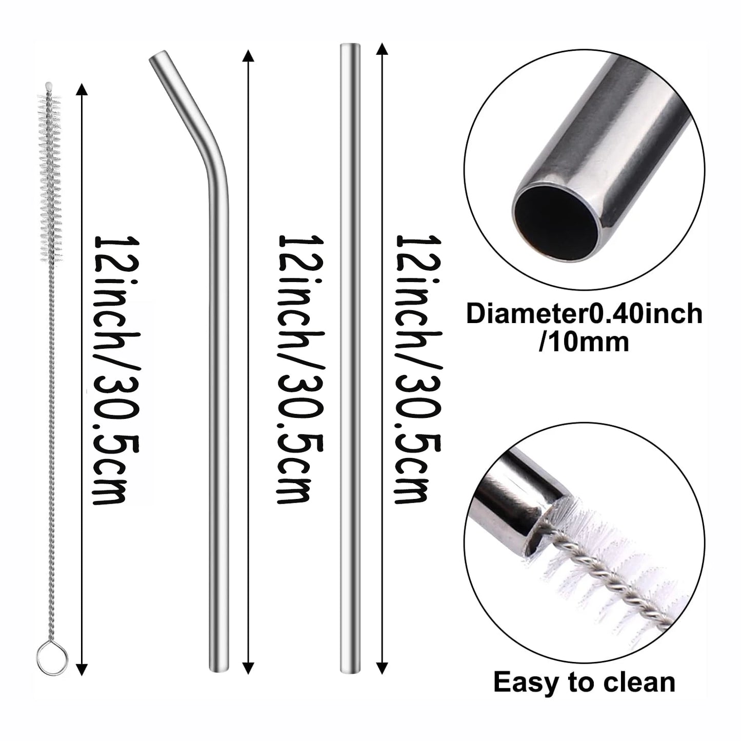 10mm Wide 12 Inch Reusable Stainless Steel Straw, 6pcs Large Straws with Cleaning Brush for Stanley Cup Accessories