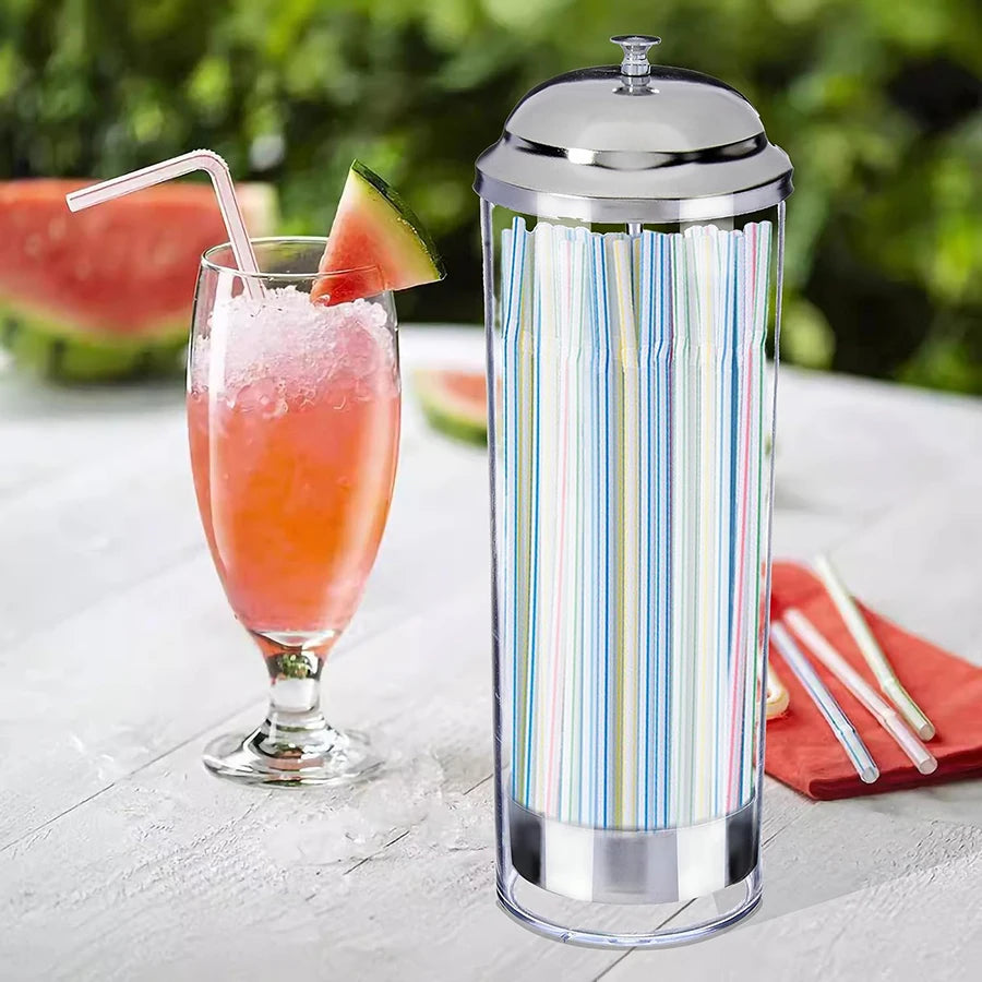 Straw Holder Dispenser 100 PCS Striped Straws Include - Clear  Drinking Straw Container with Stainless Steel Lid Storage Box