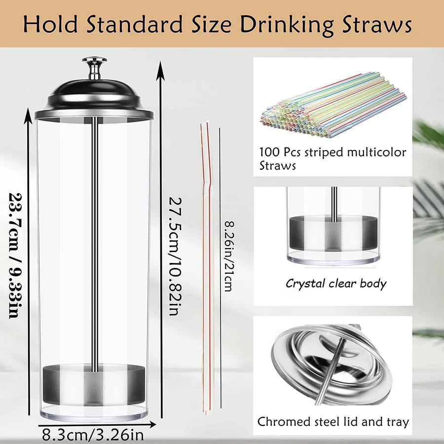 Straw Holder Dispenser 100 PCS Striped Straws Include - Clear  Drinking Straw Container with Stainless Steel Lid Storage Box