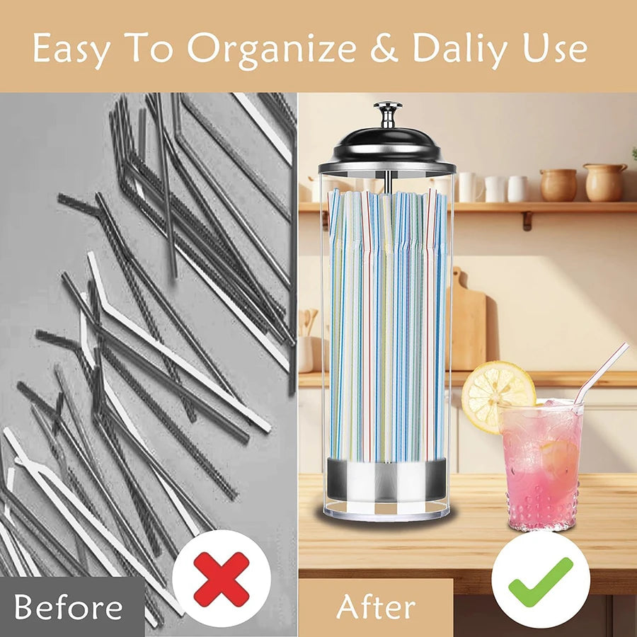 Straw Holder Dispenser 100 PCS Striped Straws Include - Clear  Drinking Straw Container with Stainless Steel Lid Storage Box