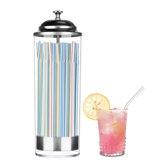 Straw Holder Dispenser 100 PCS Striped Straws Include - Clear  Drinking Straw Container with Stainless Steel Lid Storage Box