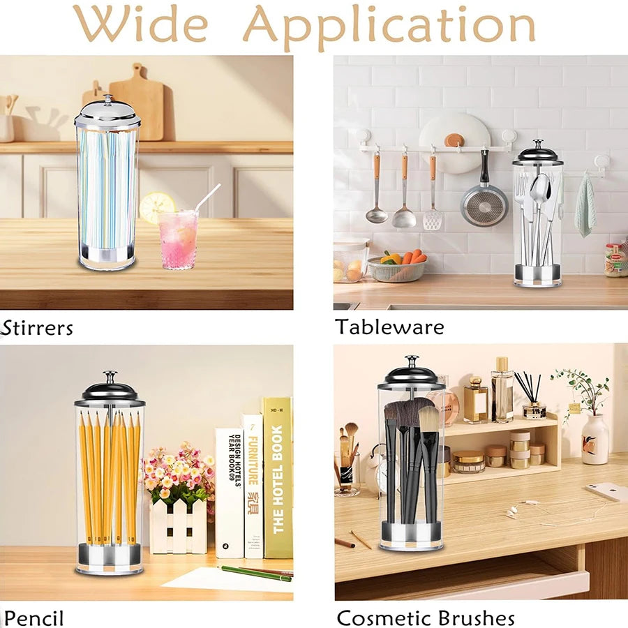 Straw Holder Dispenser 100 PCS Striped Straws Include - Clear  Drinking Straw Container with Stainless Steel Lid Storage Box