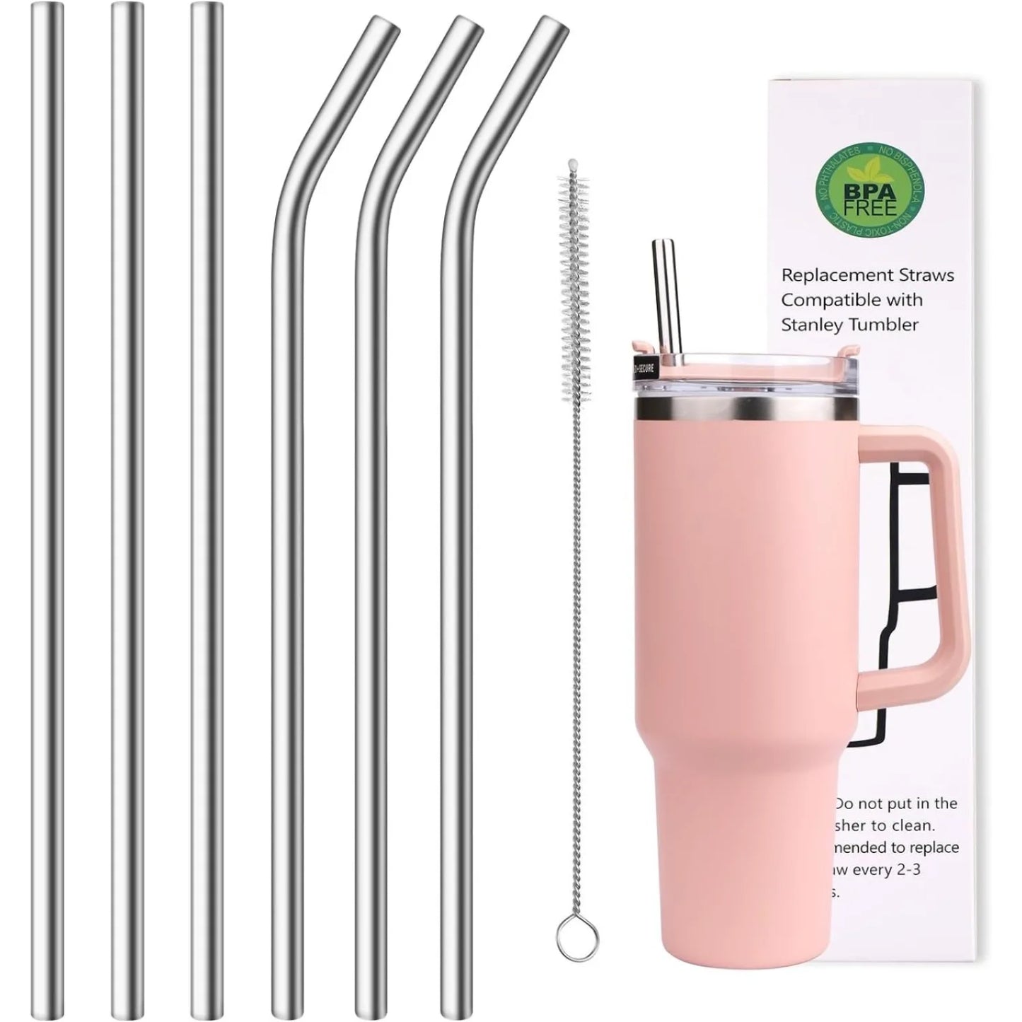 10mm Wide 12 Inch Reusable Stainless Steel Straw, 6pcs Large Straws with Cleaning Brush for Stanley Cup Accessories